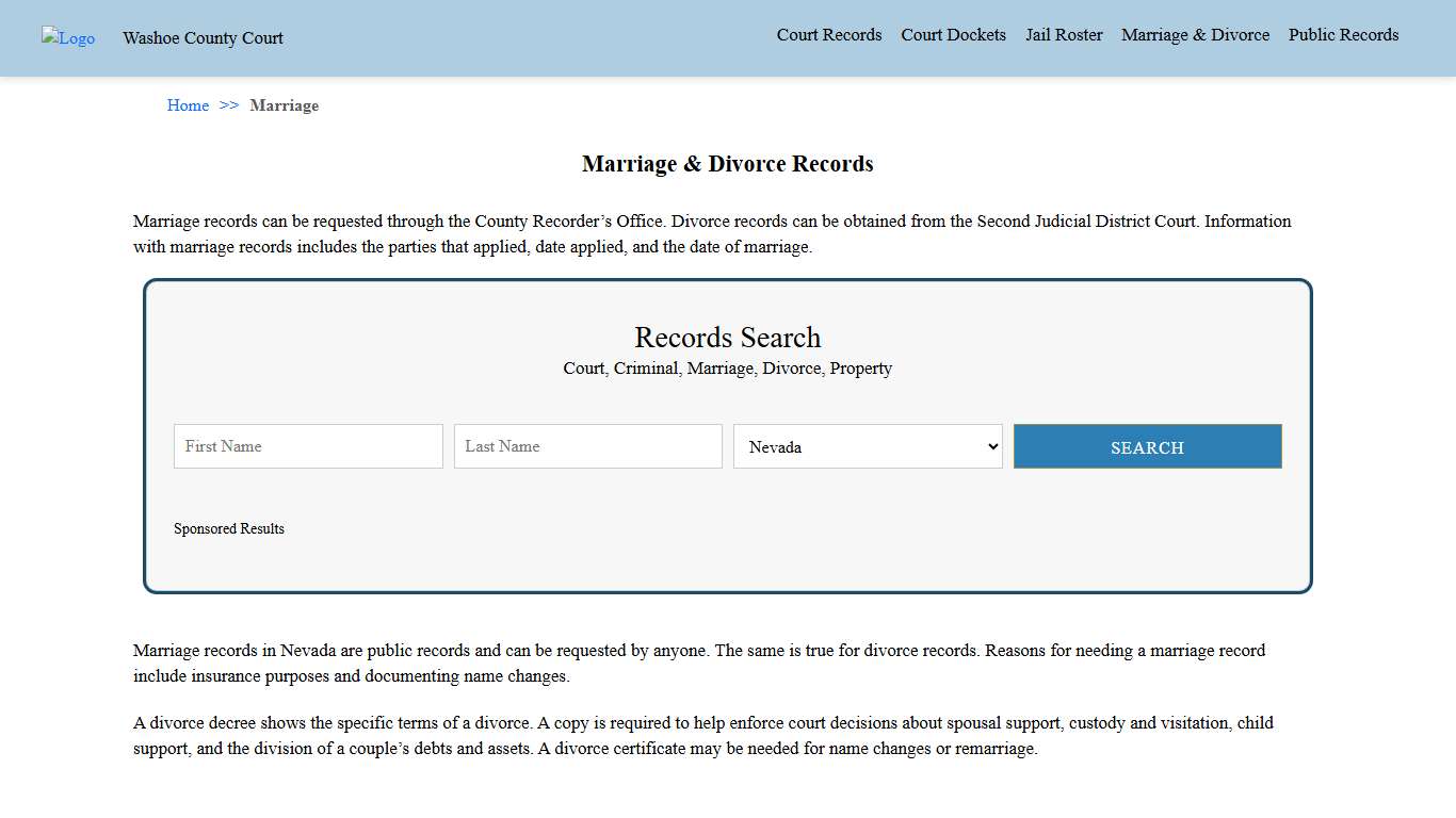Marriage & Divorce Records Washoe County Court